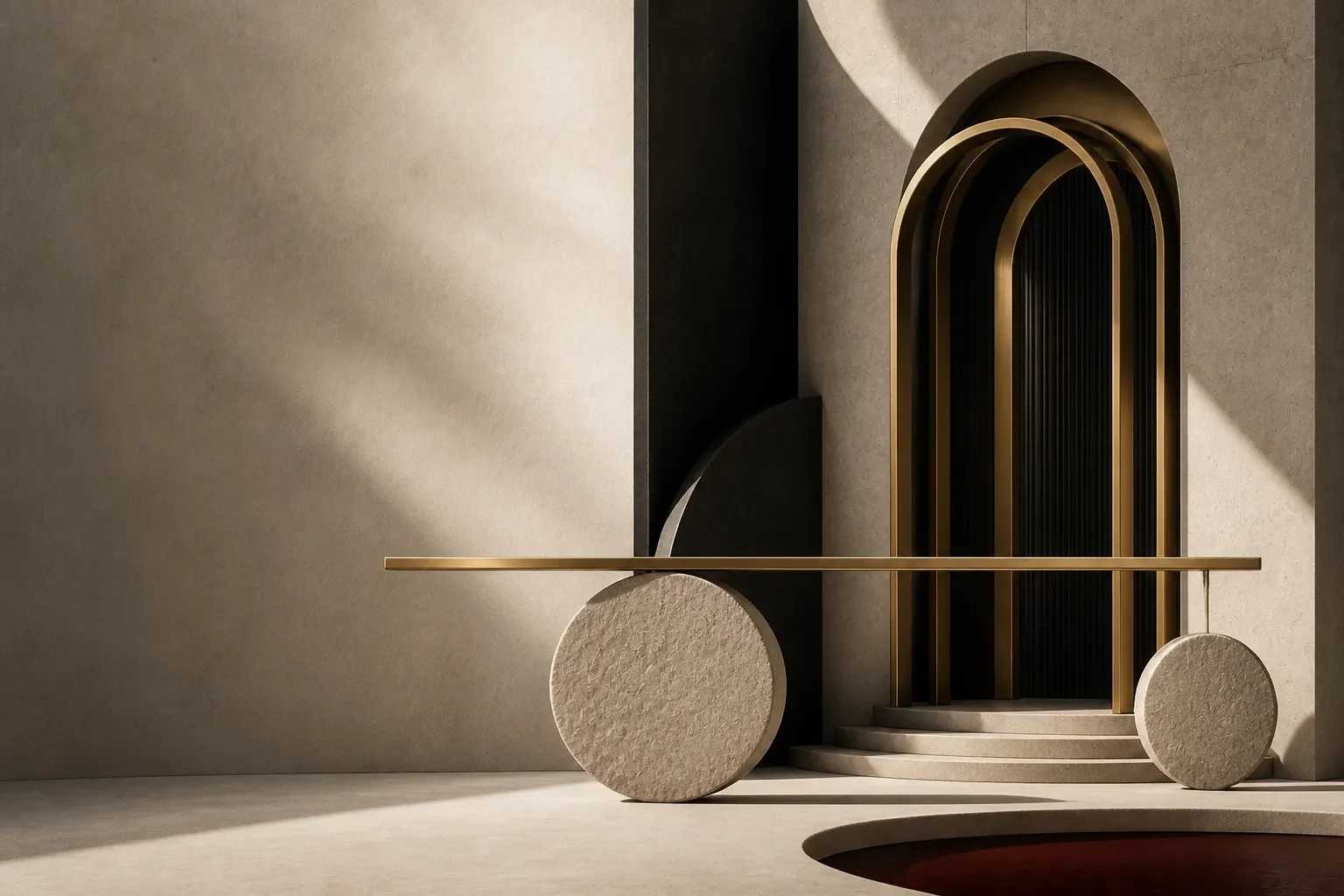 A gold beam balanced on stone disks in front of nested golden arches.