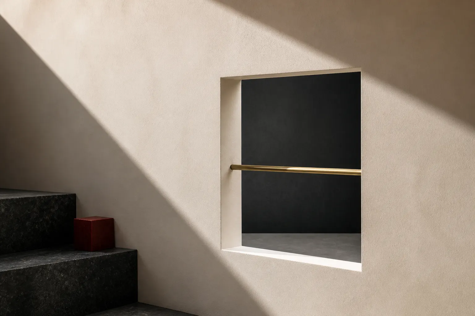 A square opening in a plaster wall crossed by a brass rod, with dark stone steps and a red cube.