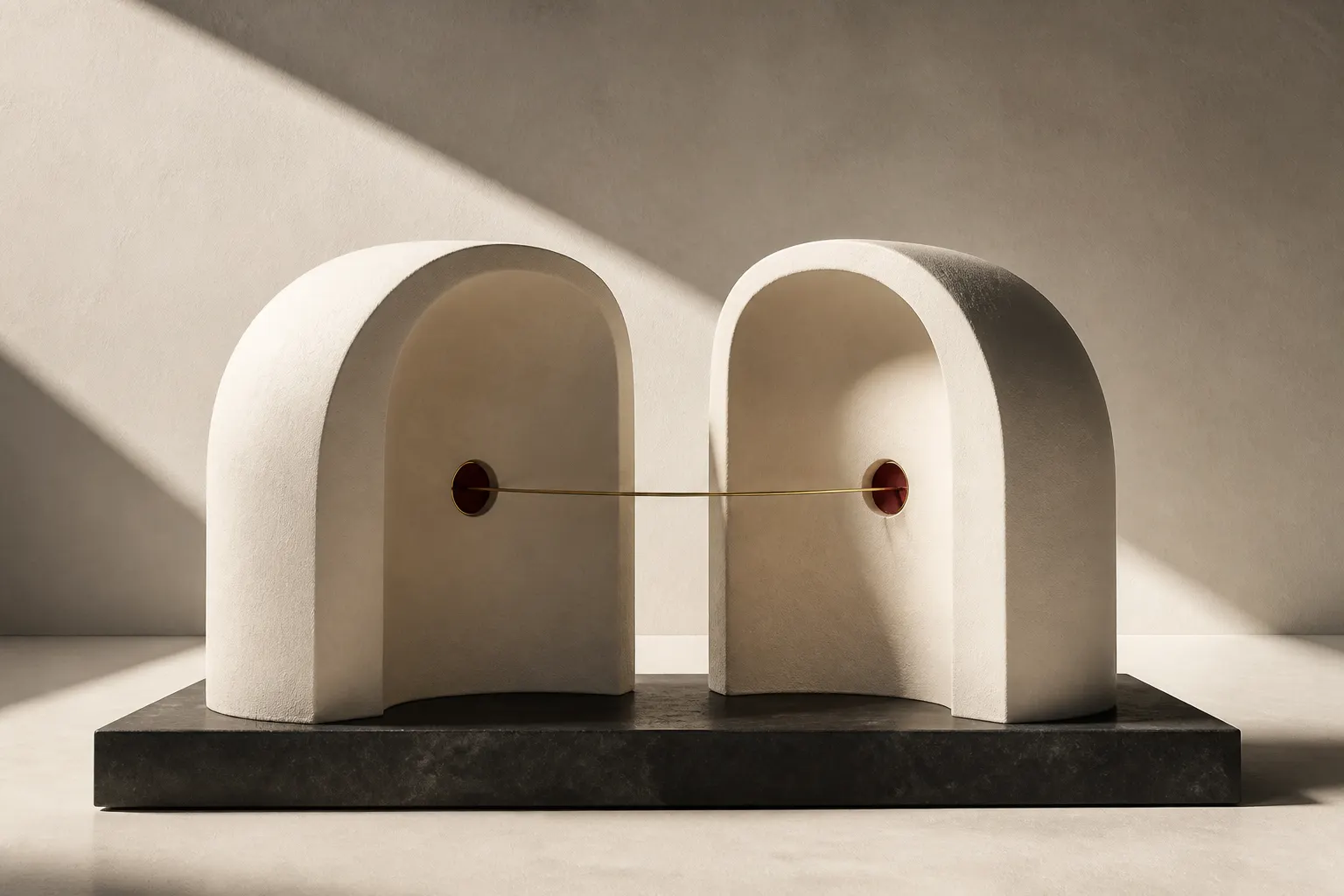 Two white alcoves face each other on a dark plinth, joined by a thin gold line.