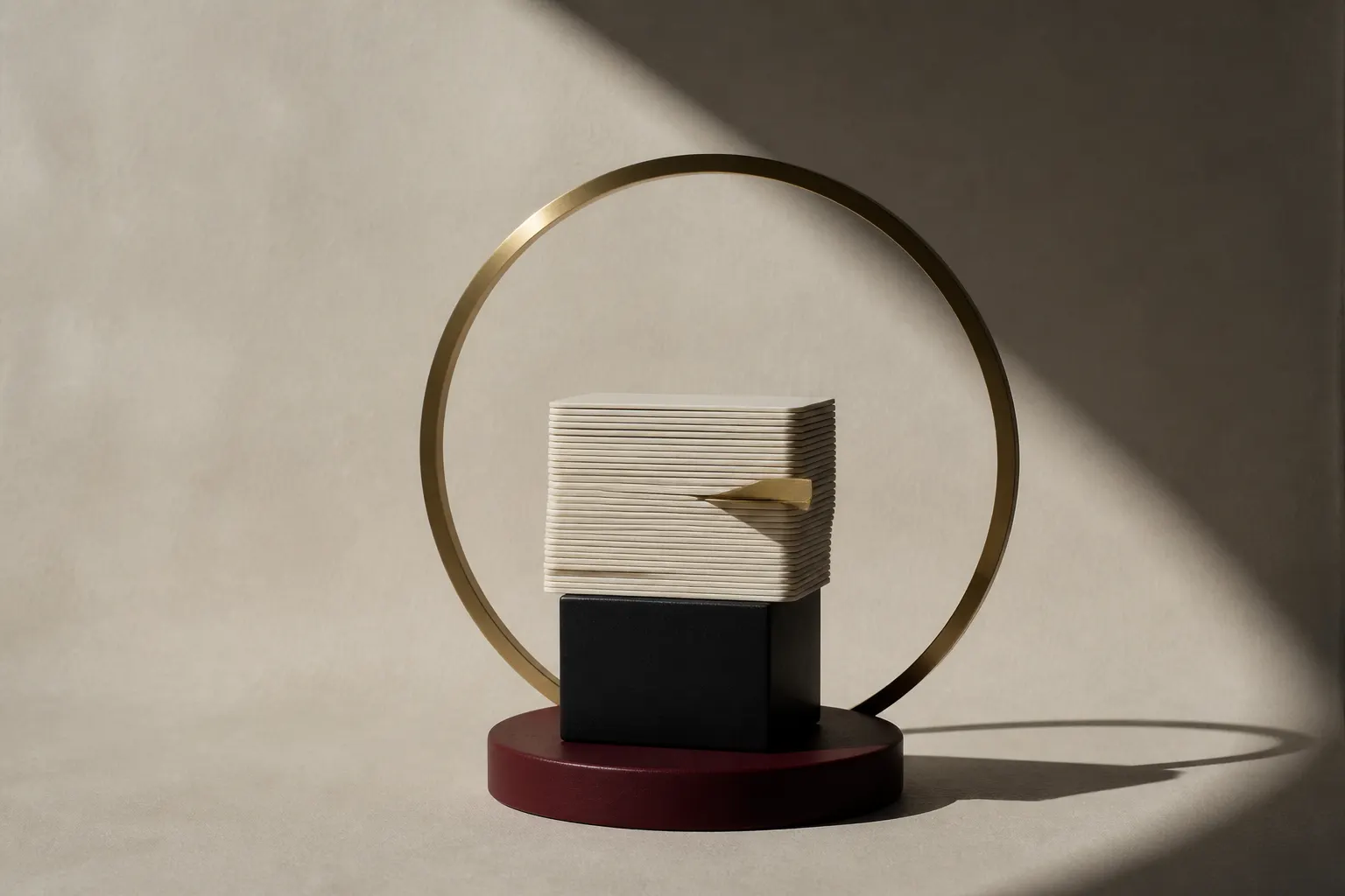 Pale sheets stacked on a black cube and burgundy plinth, framed by a gold hoop, with a brass wedge marking one layer.