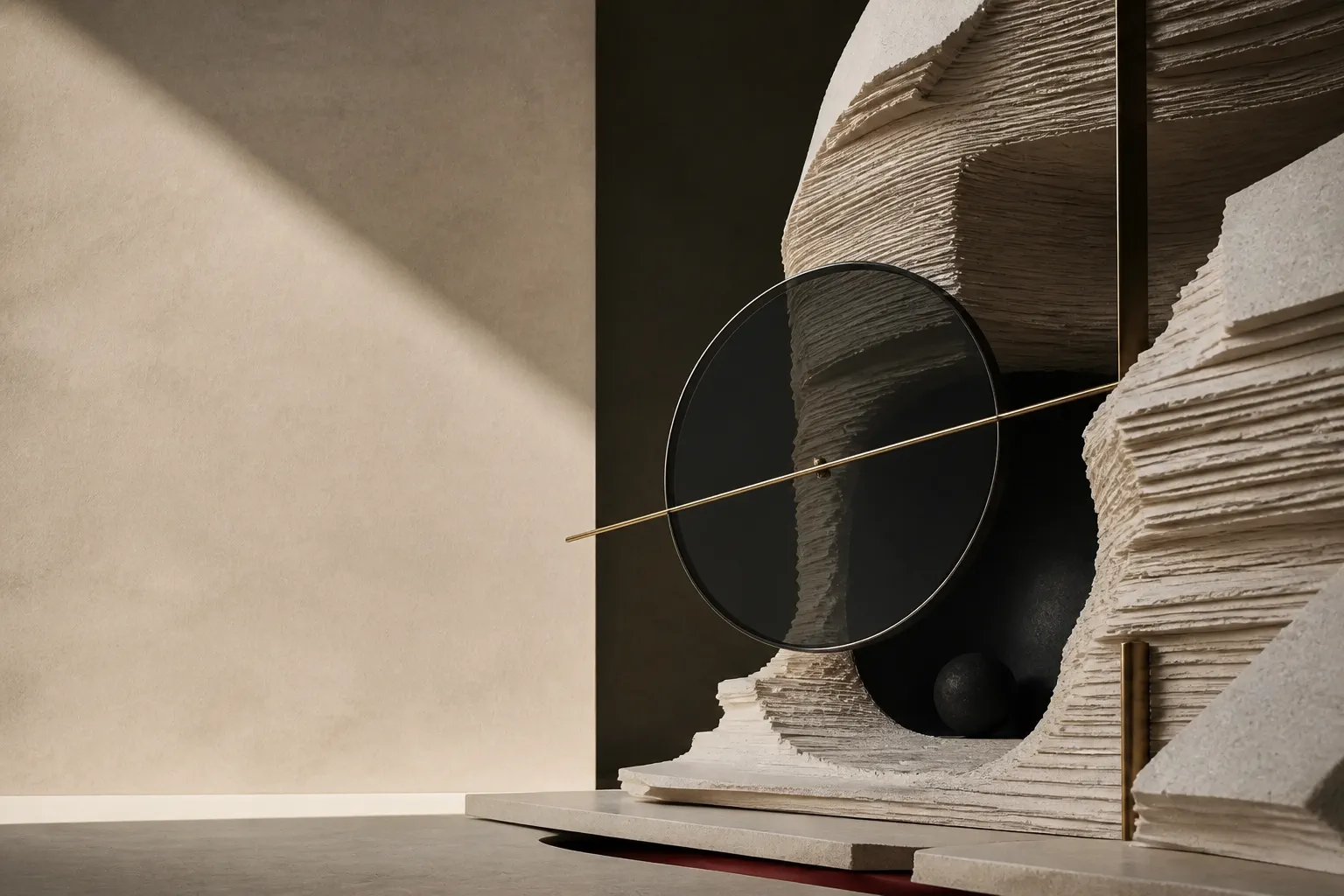 A dark glass disc on a gold rod set against a layered white form with a spherical void.