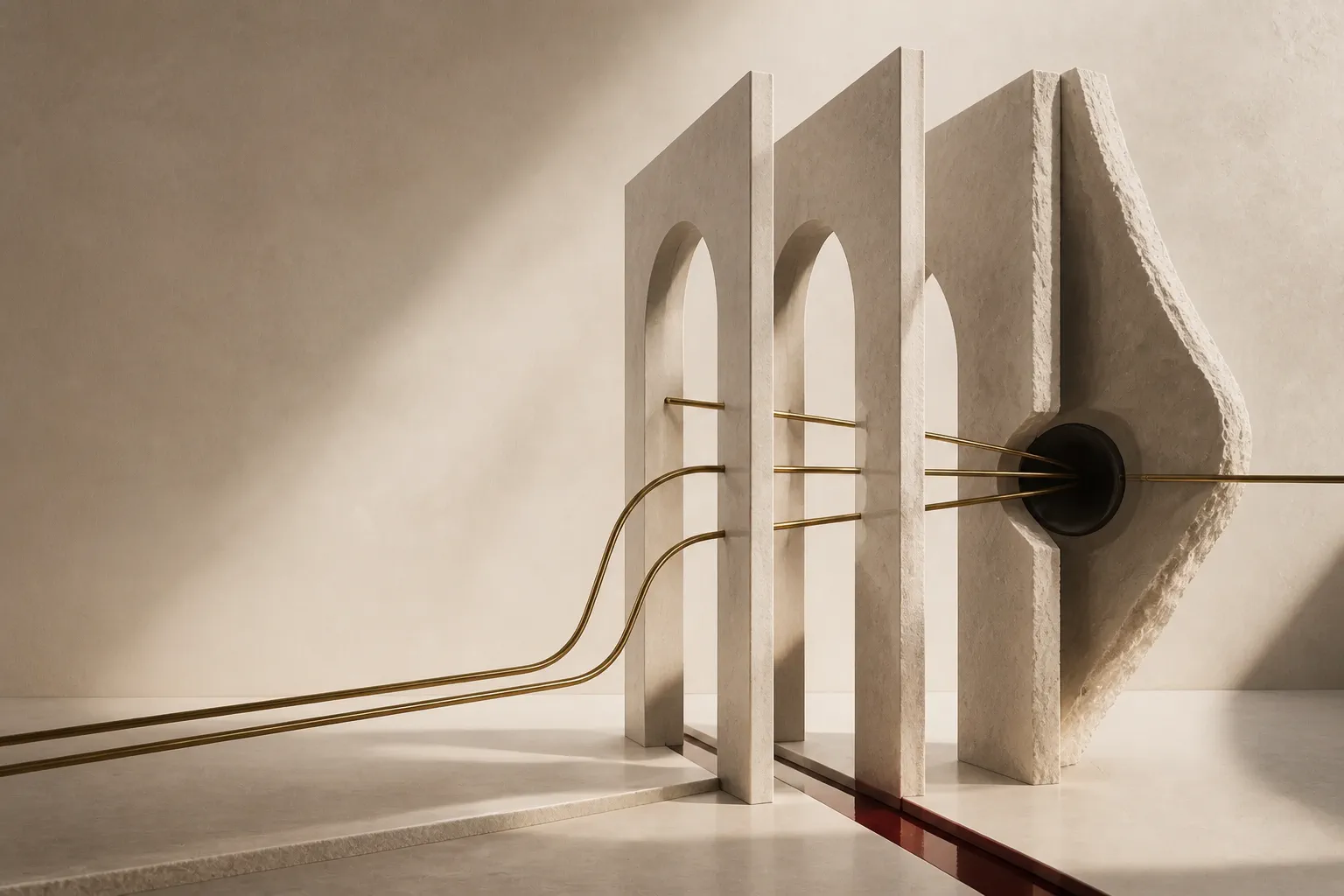 Gold wires passing through a sequence of stone arches and converging into a circular hub.