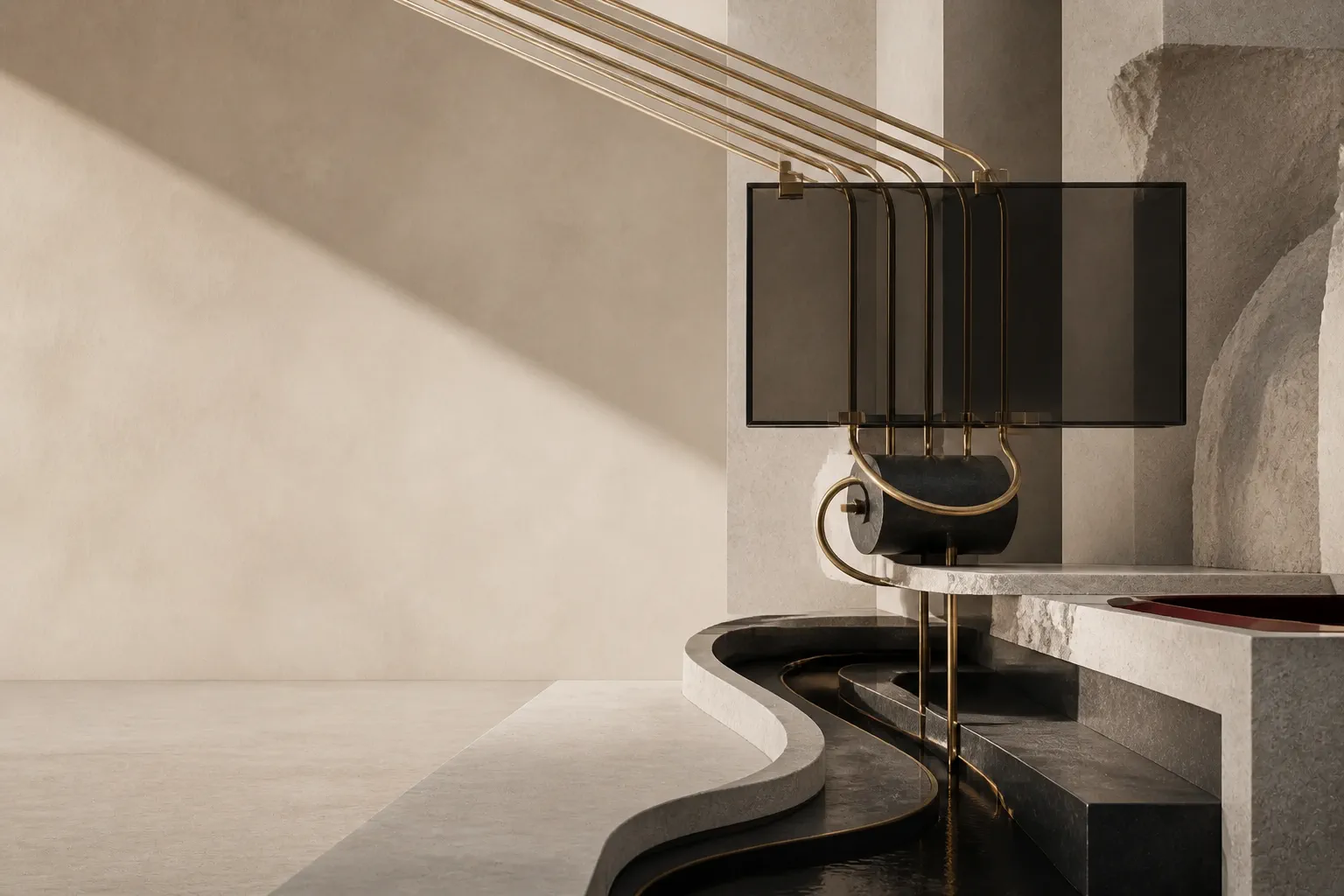 Parallel gold pipes flowing through dark translucent panels above a winding marble and stone base.