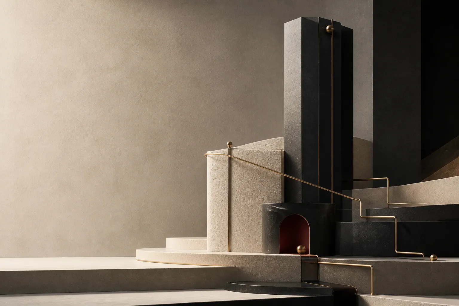 Tiered beige stone platforms and matte-black pillars linked by thin gold rods.