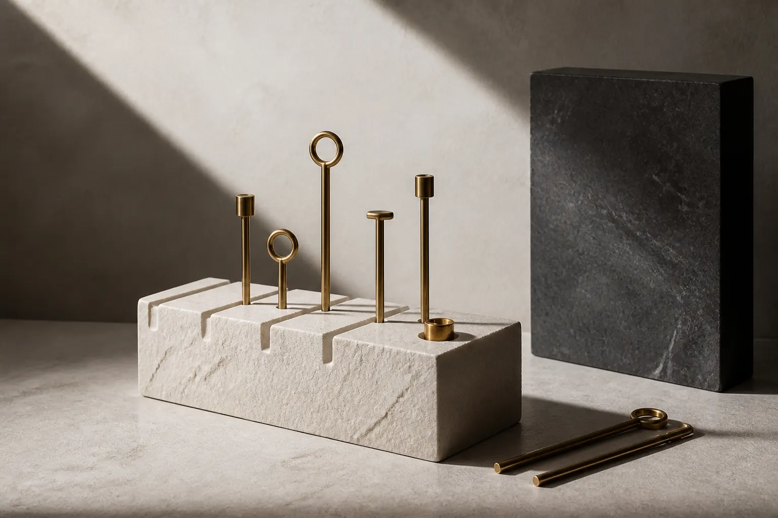 Slender brass instruments standing in a grooved stone block, with two tools lying before a dark slab.